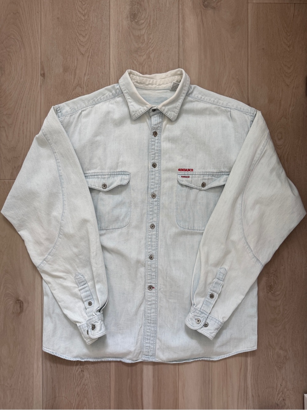 VTG 90s Sundance Denim Oversized Light Wash Button Down Americana Western Size L